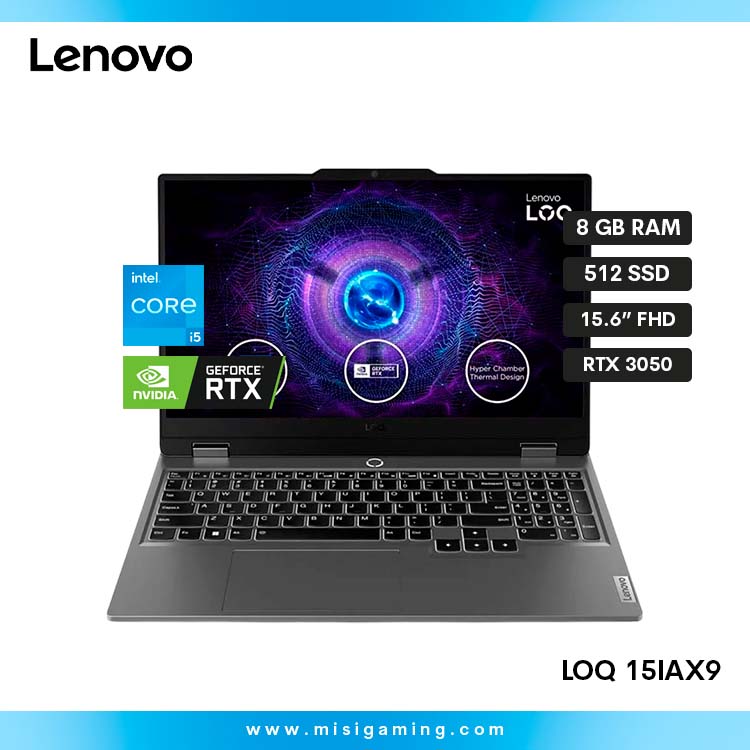 Laptop Lenovo LOQ 15IAX9 - Procesador Intel Core i5-12450Hx - Memoria Ram 8GB DDR5 - Almacenamiento 512GB SSD M.2 - Geforce Nvidia RTX 3050 6GB - 15.6" FHD IPS