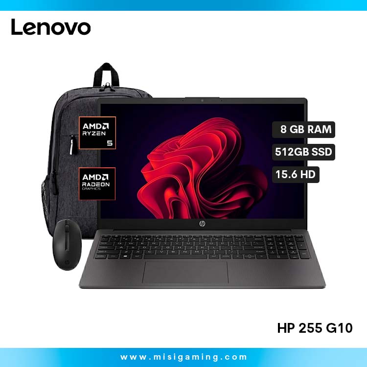 LAPTOP HP 255 G10 PROCESADOR RYZEN 5 7520U MEMORIA RAM 8GB DDR5 ALMACENAMIENTO 512GB SSD PANTALLA15.6 HD MOCHILA Y MOUSE