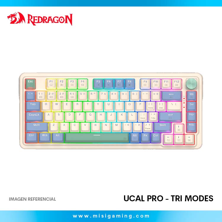 Teclado Redragon Ucal Pro - Tri Modes (2.4Ghz - BT - Alambrico ) - Switch Red - White Pastel