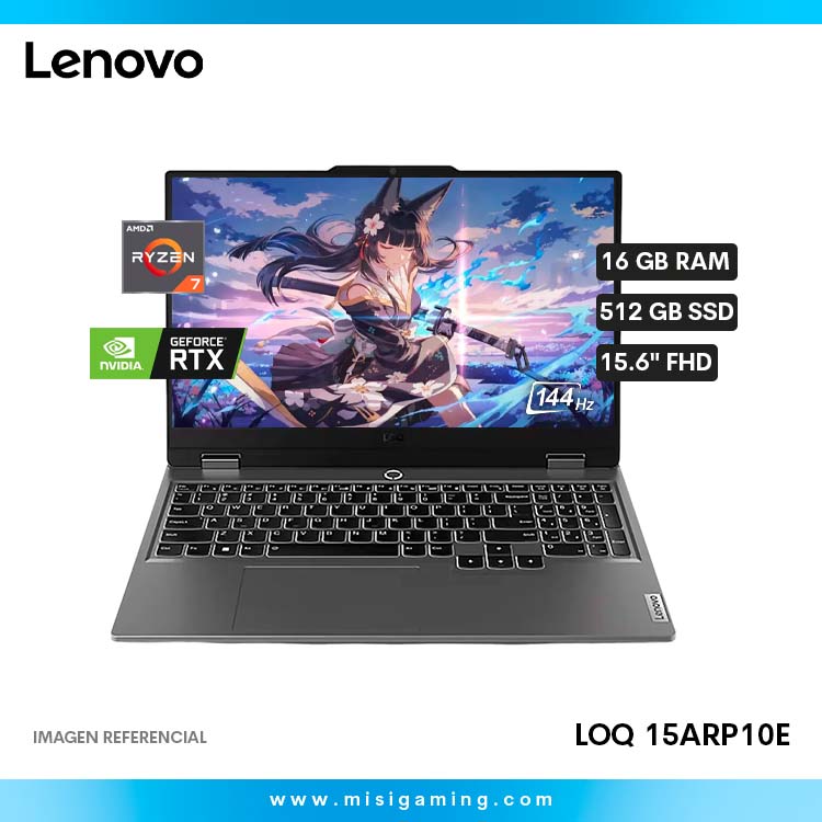 Laptop Lenovo LOQ 15ARP10E - Procesador Amd Ryzen 7 7735HS - Almacenamiento 512Gb Ssd - Memoria 16Gb Ram - Geforce Nvidia RTX 4050 6Gb - 15.6" FHD