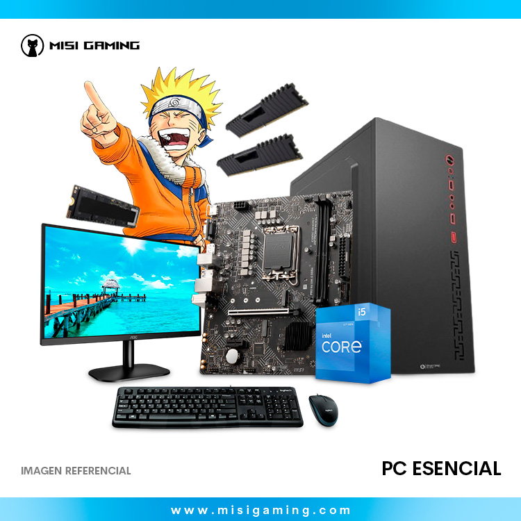 Computadora de escritorio equipada con procesador Intel Core i5-12400, placa H610 MSI PRO, 8GB RAM DDR4 y SSD M.2 de 500GB, incluye case oficina, monitor 23.8” Full HD y kit teclado/mouse Logitech MK120.