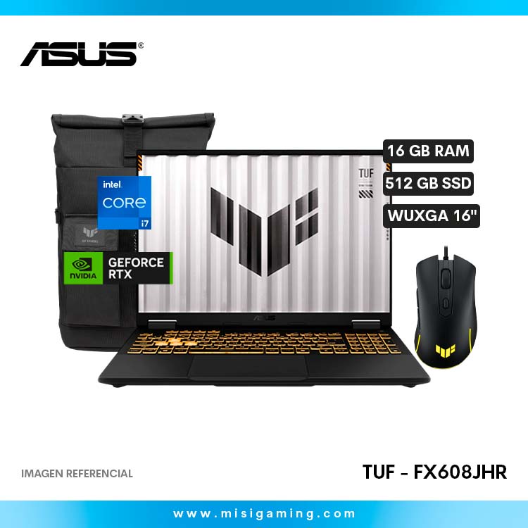 Laptop Asus Tuf - FX608JHR - RV169 - Procesador Intel Core i7 14650Hx - Memoria Ram 16Gb Ddr5 - Almacenamiento 1 Tb Ssd - Nvidia Geforce RTX 5050 8Gb - WUXGA 16" - Con Mochila y Mouse Tuf