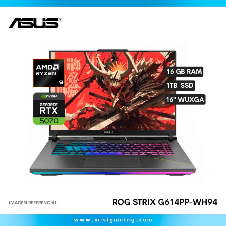 Laptop Asus Rog Strix G614PP-WH94 - Procesador Ryzen 9 8940Hx - Almacenamiento 1Tb Ssd - Memoria Ram 16Gb Ddr5 - Geforce Nvidia Rtx 5070 8Gb Gddr7 - 16" WUXGA