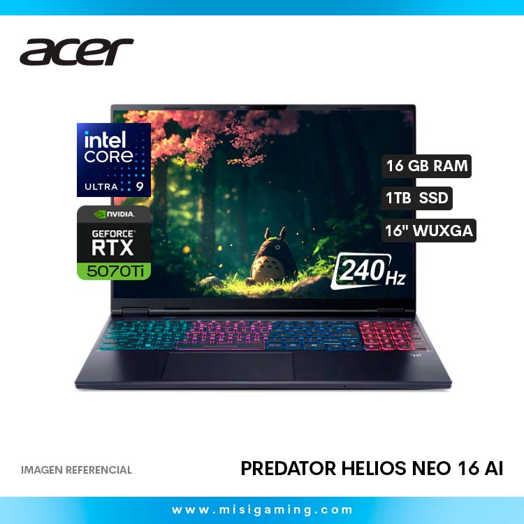 Laptop Acer Predator Helios Neo 16 AI PHN16-73-92B8 - Almacenamiento 1 Tb Ssd - Memoria Ram 16 Gb Ddr5 - Geforce Nvidia Rtx 5070Ti 12Gb Gddr7 - 16" WUXGA 240Hz
