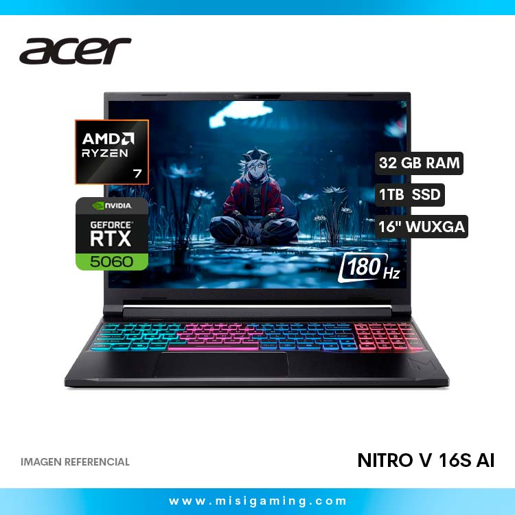 Laptop Acer Nitro V 16S AI - ANV16S-41-R2AJ - Procesador Amd Ryzen 7 260 - Almacenamiento 1 Tb Ssd - Memoria Ram 32Gb Ddr5 - Geforce Nvidia RTX 5060 8Gb Gddr7 - 16" WUXGA 180Hz